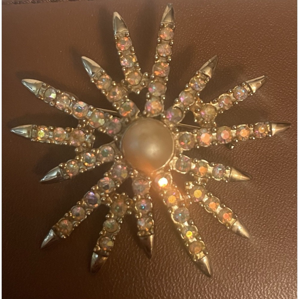 Vintage EMMONS Brooch Starburst AB Rhinestones & Faux Pearl Gold Tone Pin